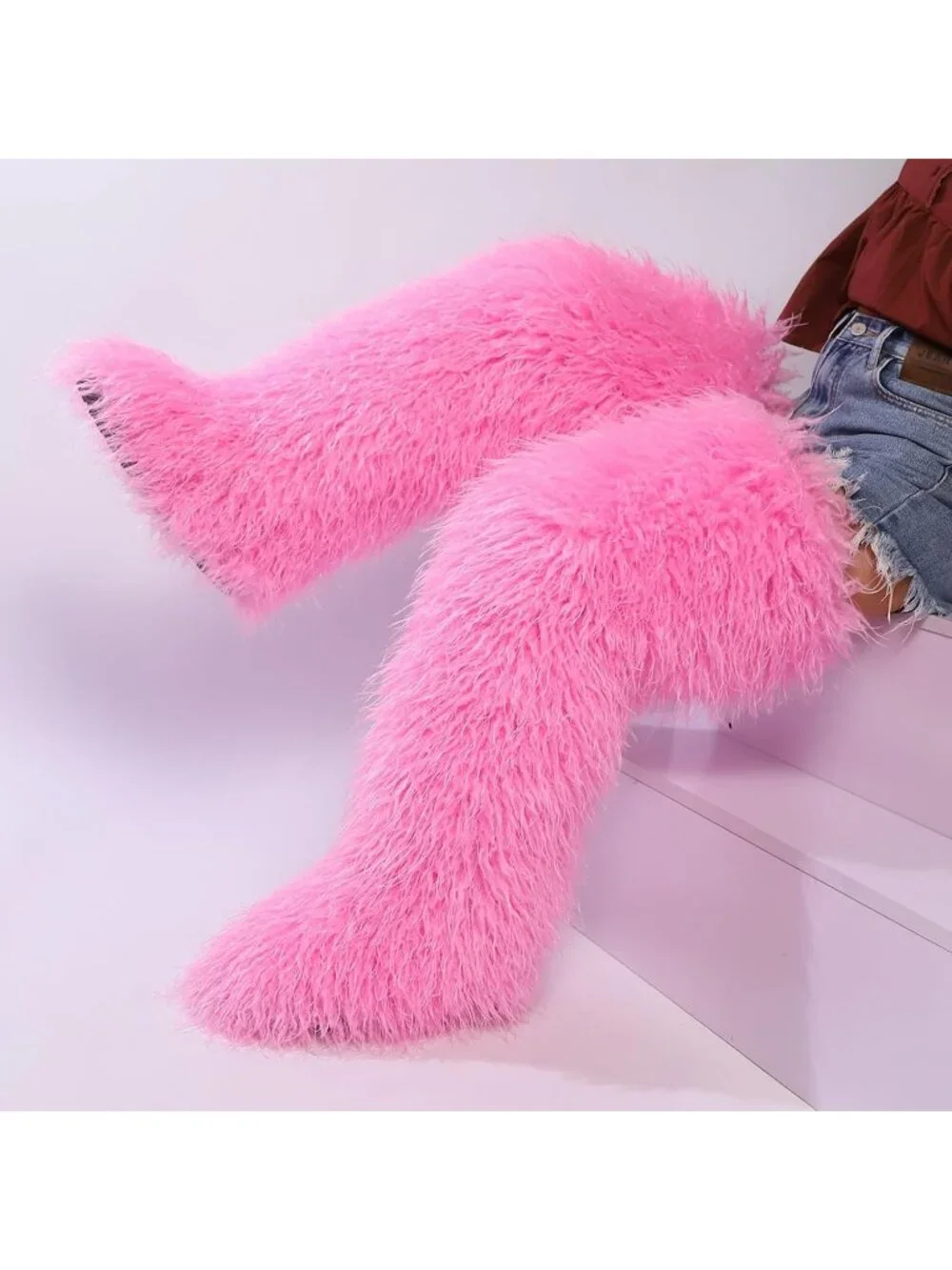 Women's Bright Pink Round Toe Comfort Over The Knee Fluffy Fur Thigh High Boots